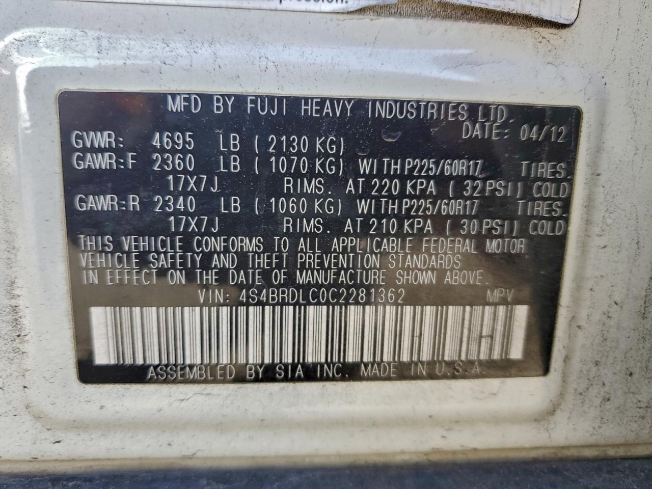 2012 Subaru Outback 3.6R Limited VIN: 4S4BRDLC0C2281362 Lot: 94569385