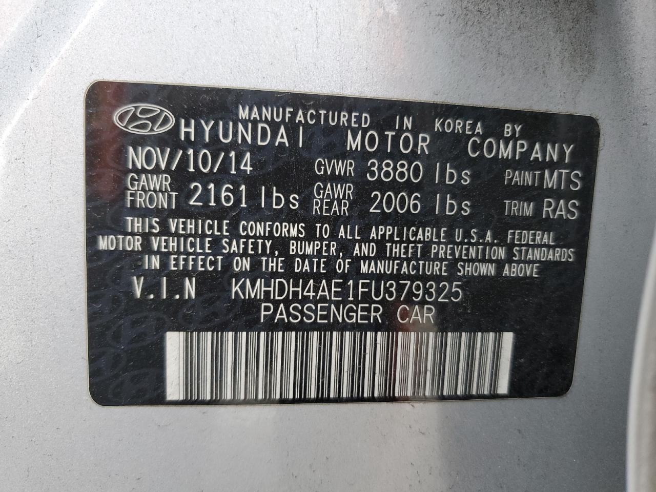 2015 Hyundai Elantra Se VIN: KMHDH4AE1FU379325 Lot: 91615955