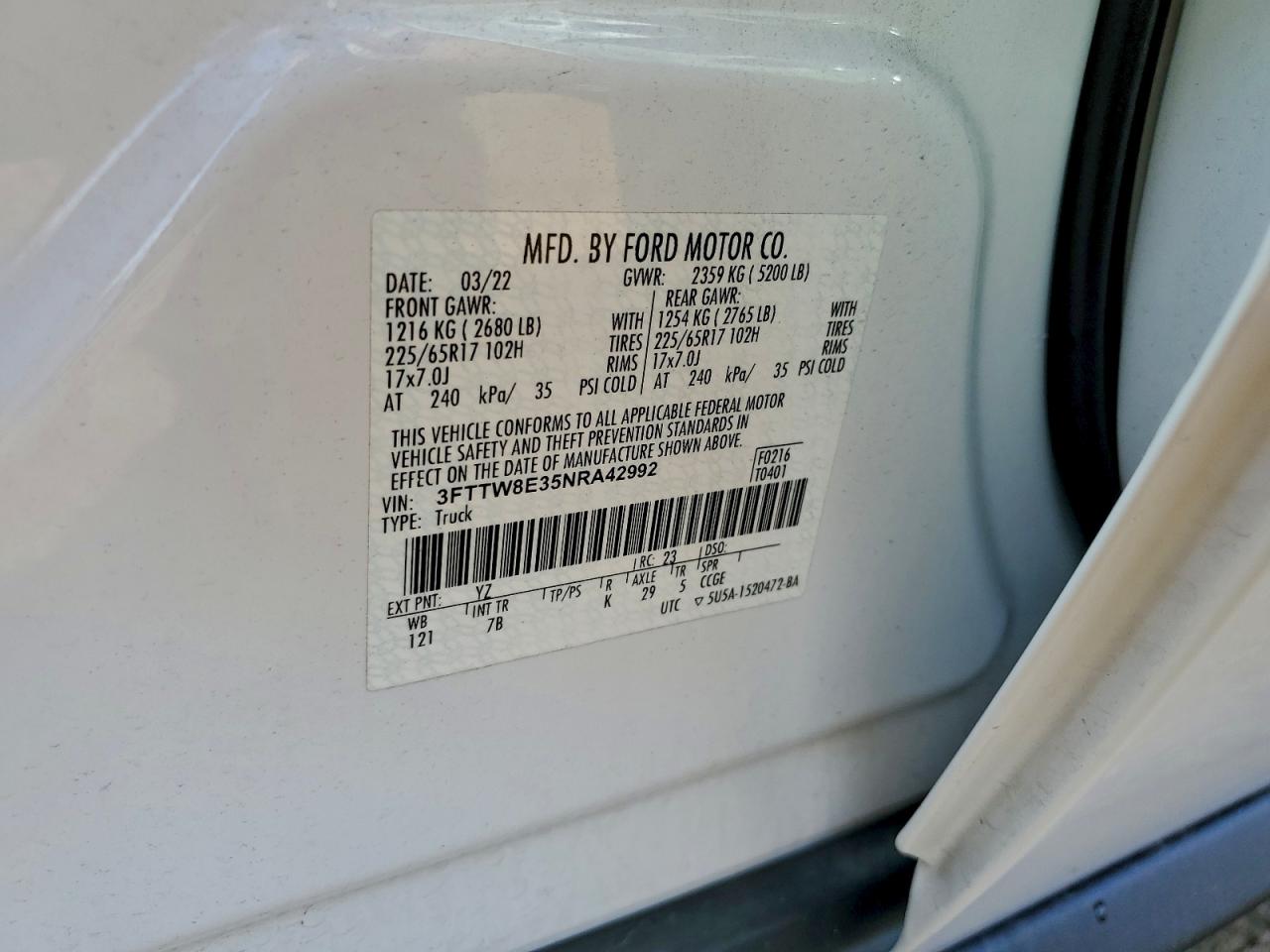 2022 Ford Maverick Xl VIN: 3FTTW8E35NRA42992 Lot: 93504675