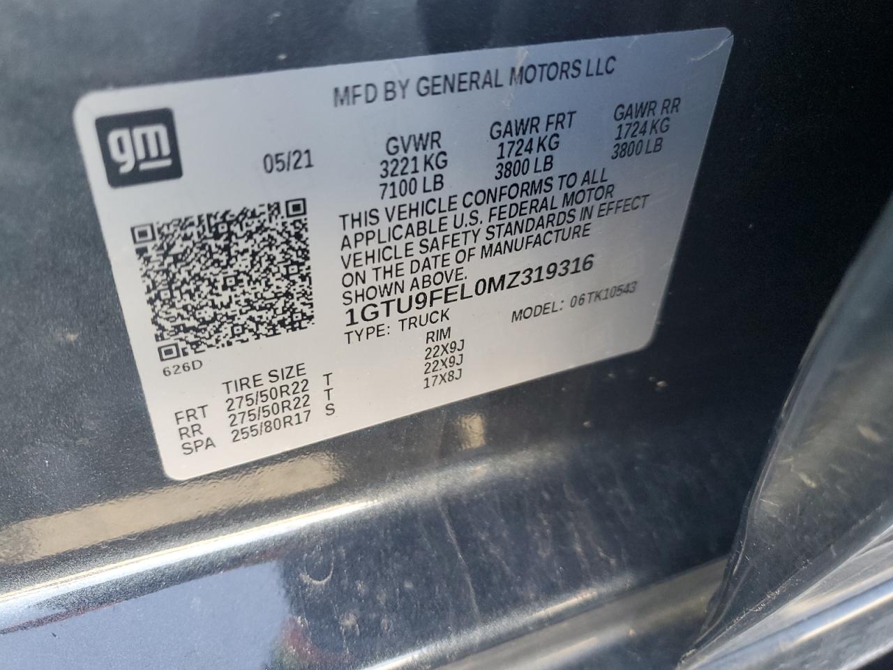 2021 GMC Sierra K1500 Denali VIN: 1GTU9FEL0MZ319316 Lot: 92170075