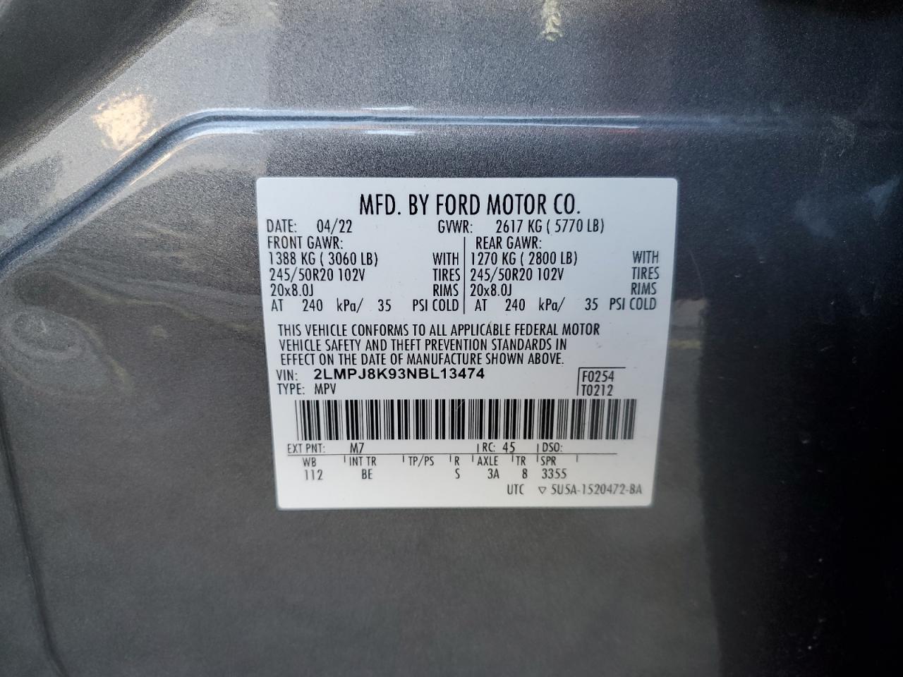 2022 Lincoln Nautilus Reserve VIN: 2LMPJ8K93NBL13474 Lot: 92513315