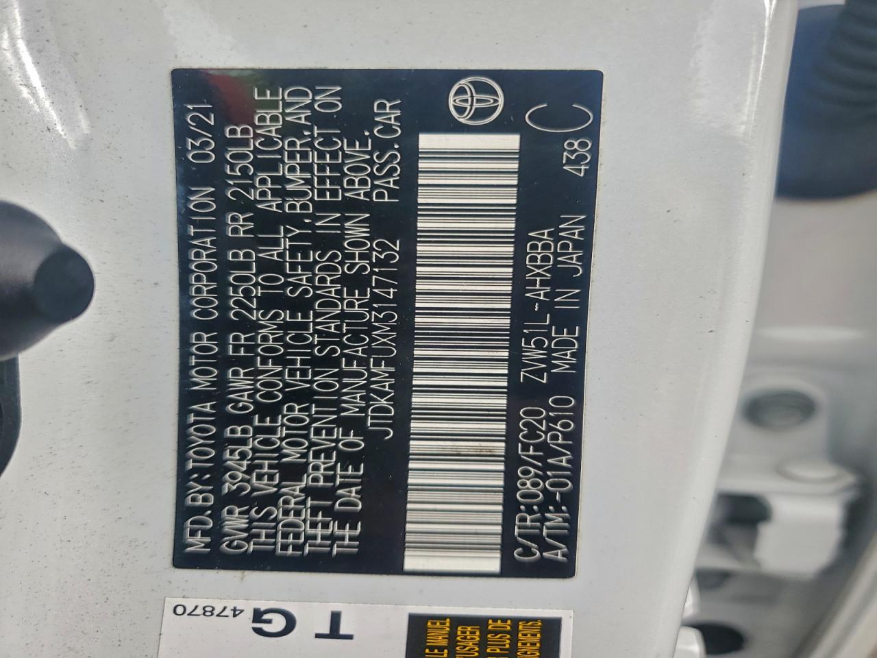 2021 Toyota Prius Special Edition VIN: JTDKAMFUXM3147132 Lot: 93762745