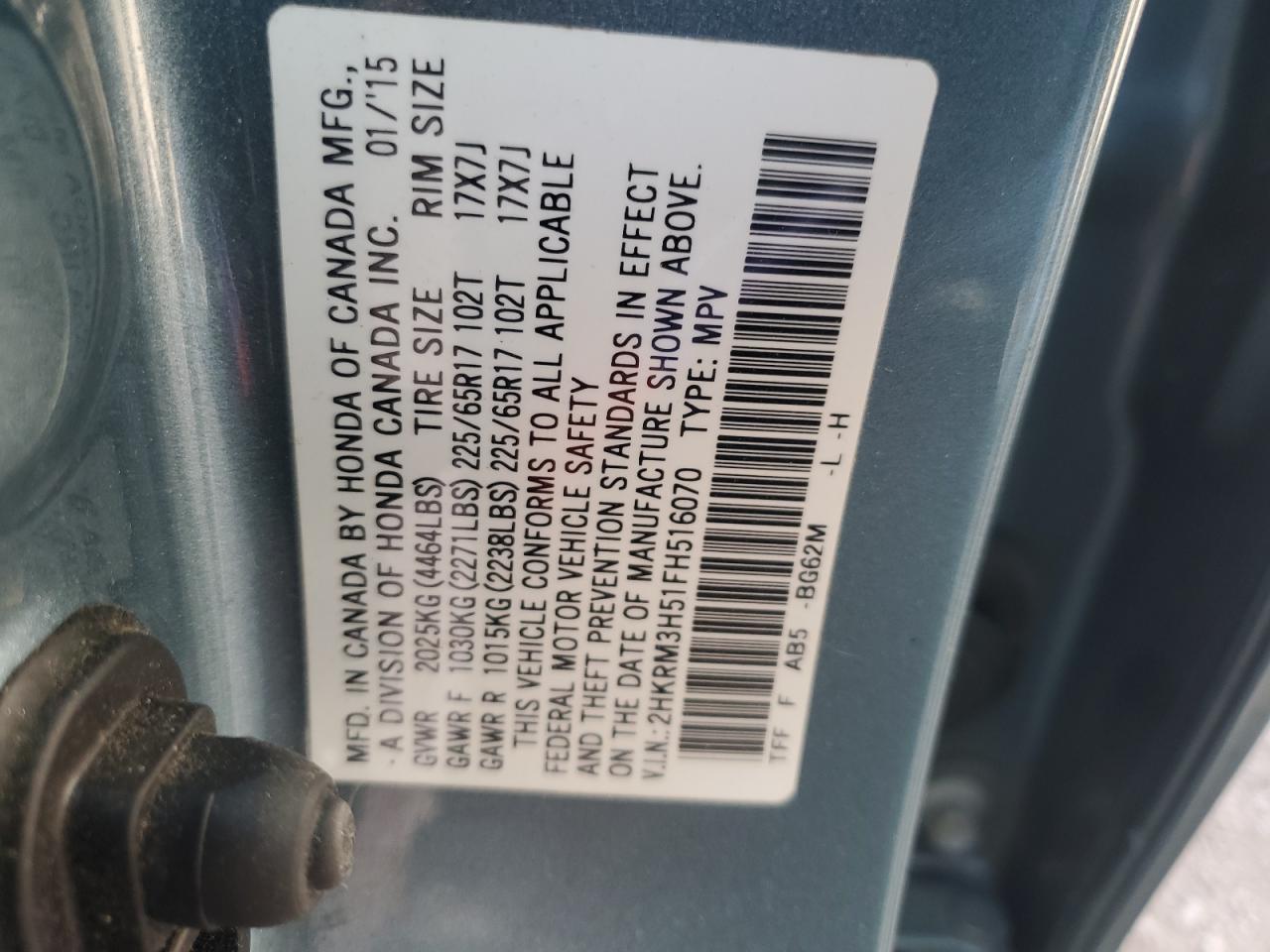 2015 Honda Cr-V Ex VIN: 2HKRM3H51FH516070 Lot: 93121165