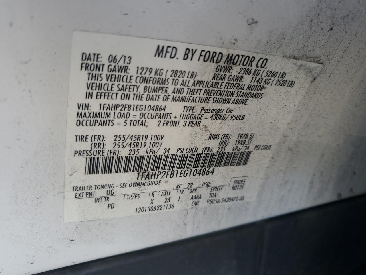 2014 Ford Taurus Limited VIN: 1FAHP2F81EG104864 Lot: 92267635