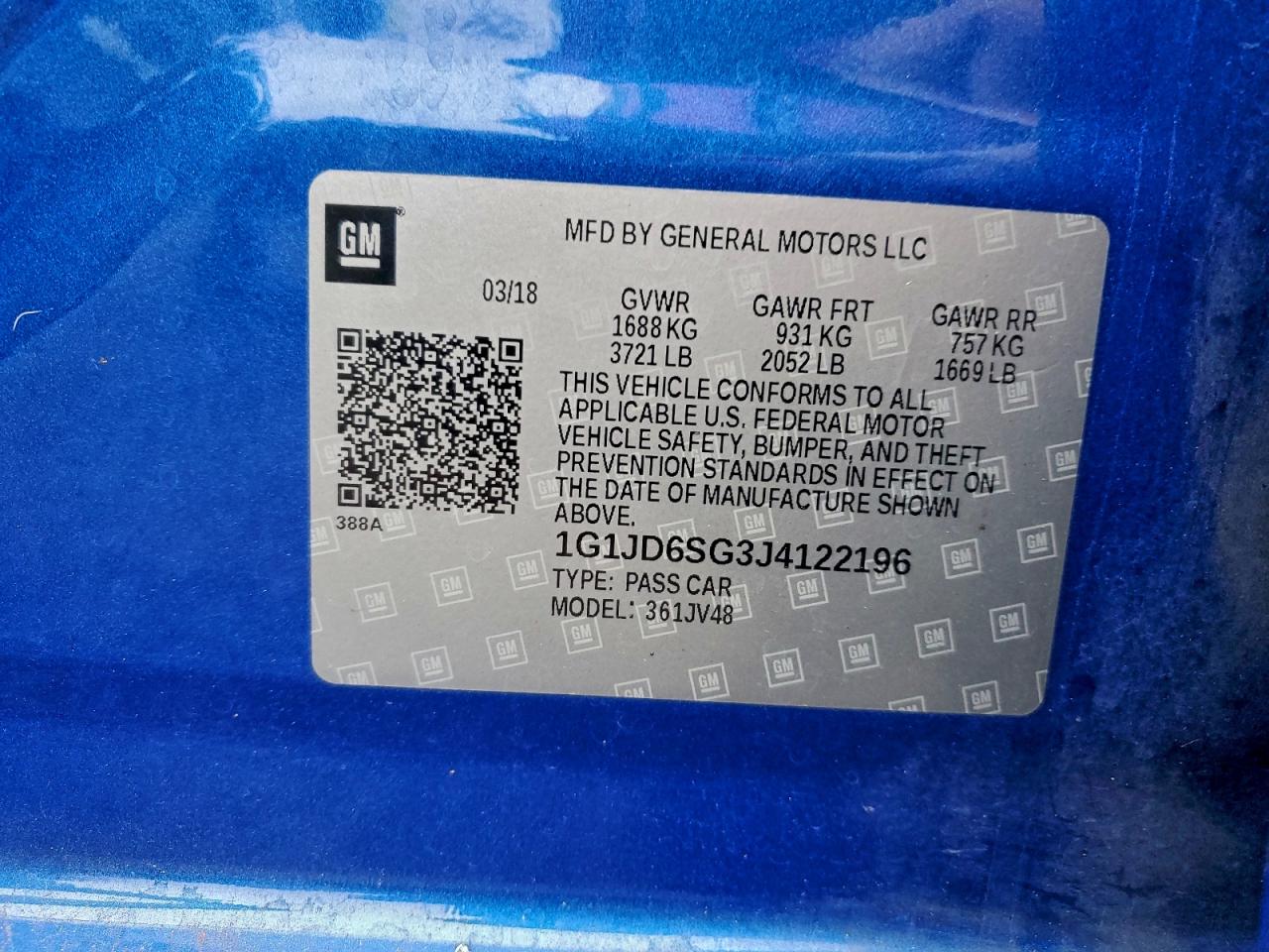 2018 Chevrolet Sonic Lt VIN: 1G1JD6SG3J4122196 Lot: 93555505