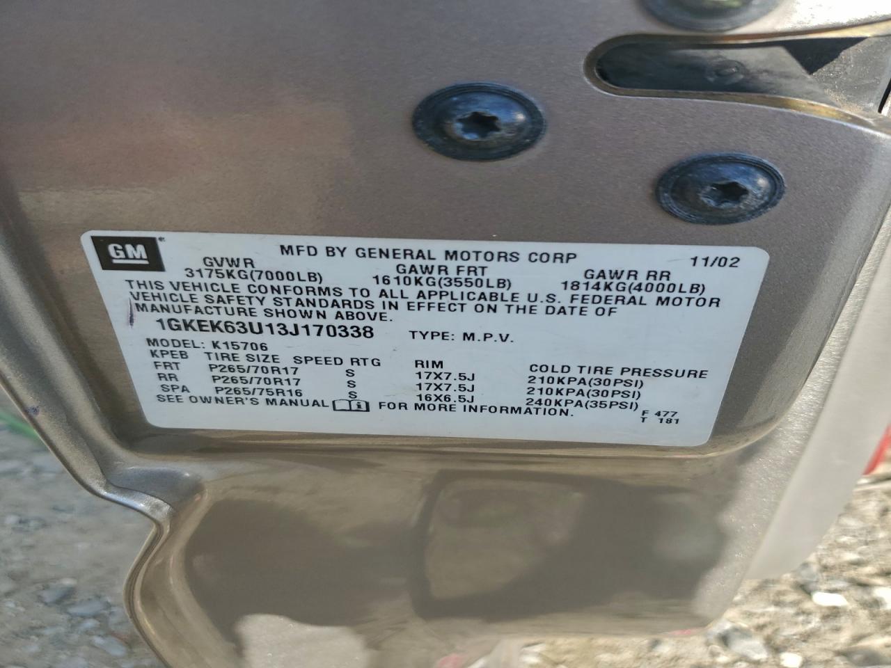 2003 GMC Yukon Denali VIN: 1GKEK63U13J170338 Lot: 94175285