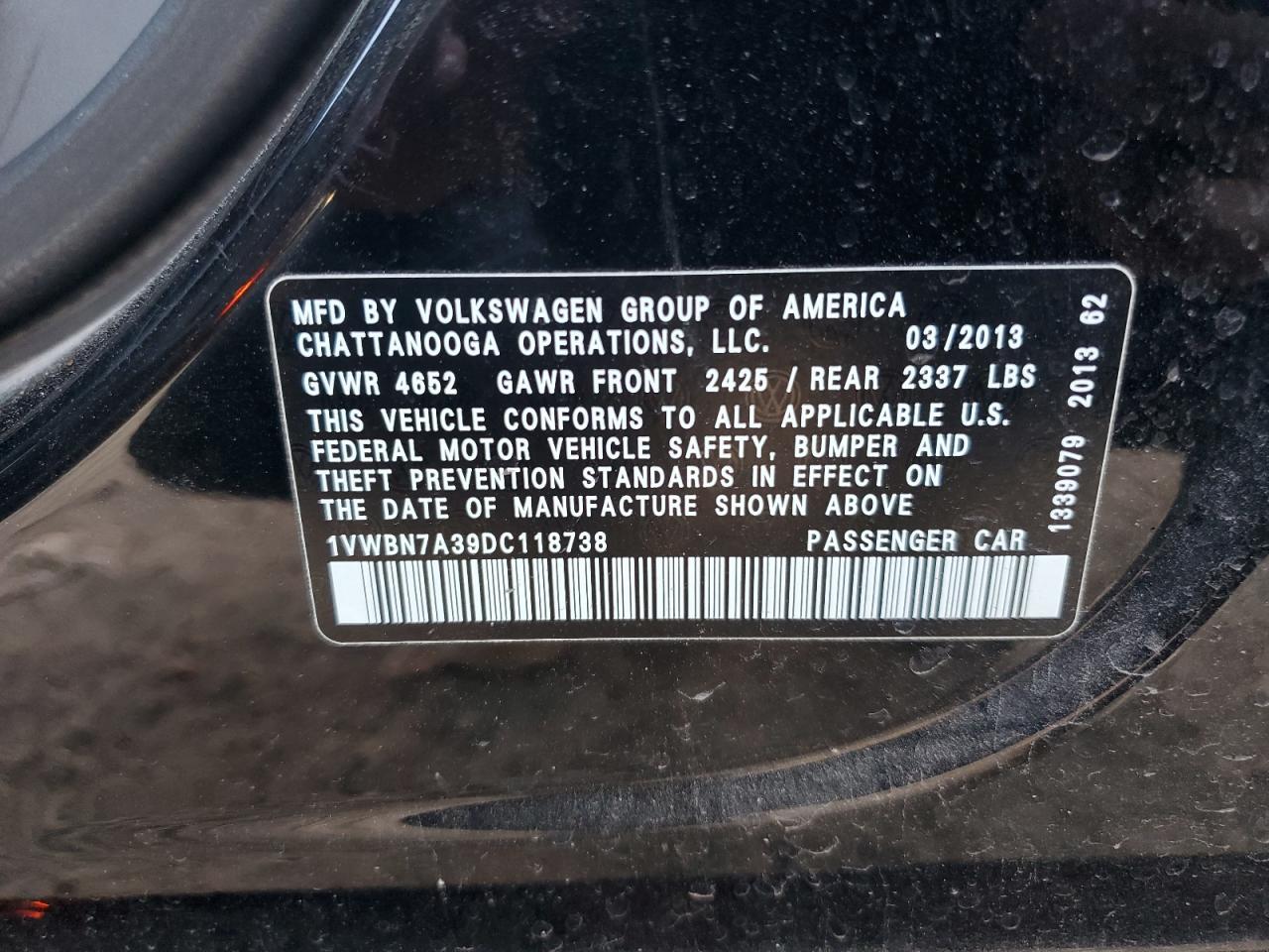 2013 Volkswagen Passat Se VIN: 1VWBN7A39DC118738 Lot: 91472805