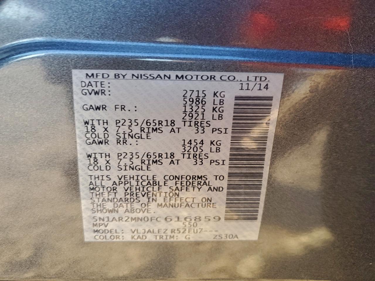 2015 Nissan Pathfinder S VIN: 5N1AR2MN0FC616859 Lot: 94343965