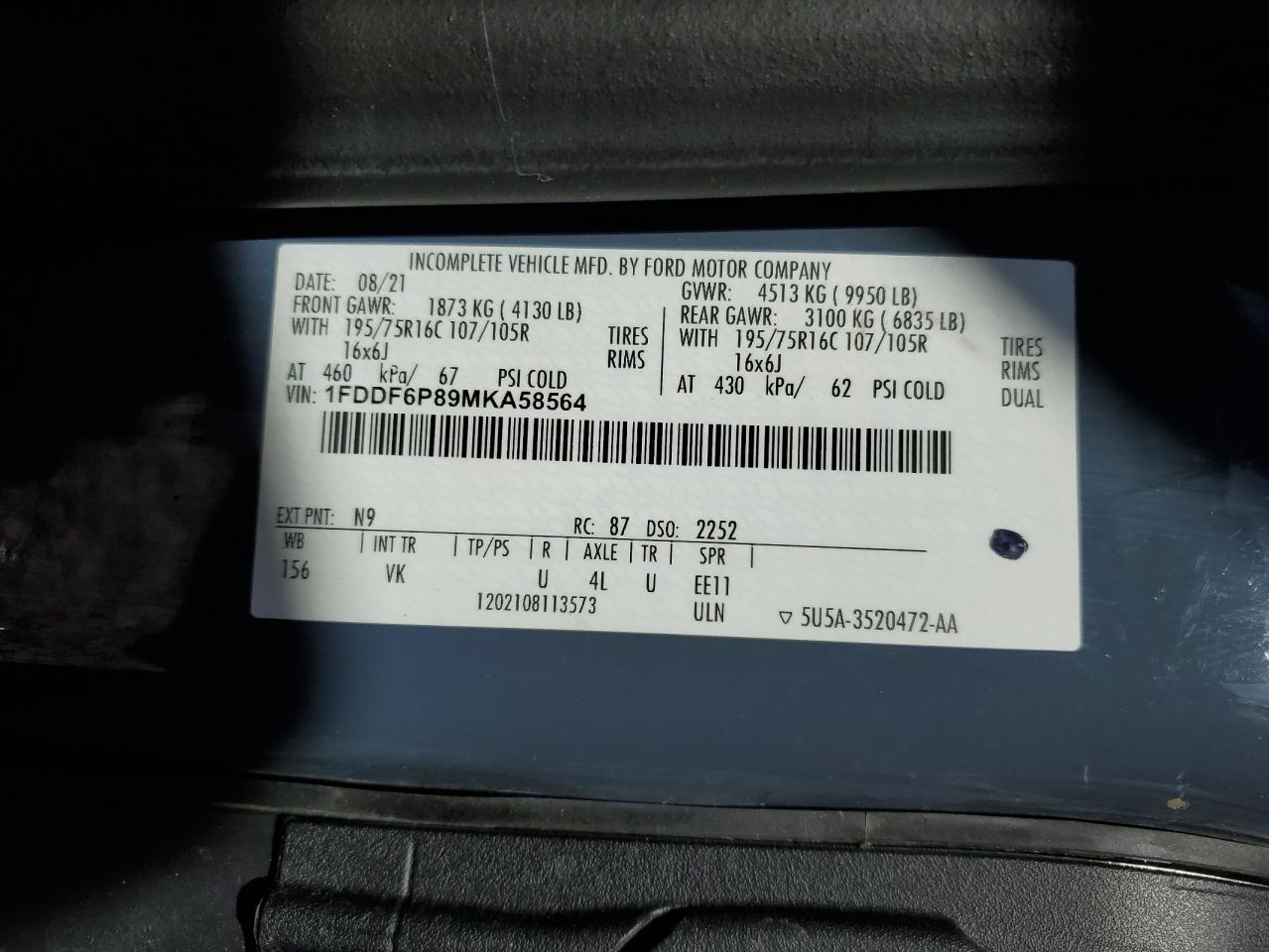 2021 Ford Transit Delivery Truck VIN: 1FDDF6P89MKA58564 Lot: 90249675