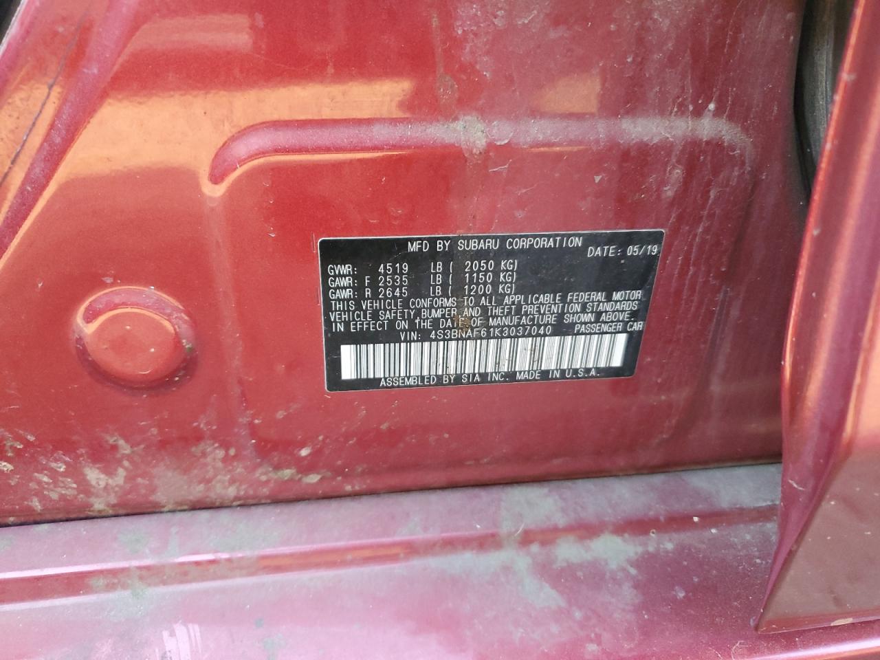 2019 Subaru Legacy 2.5I Premium VIN: 4S3BNAF61K3037040 Lot: 91140105