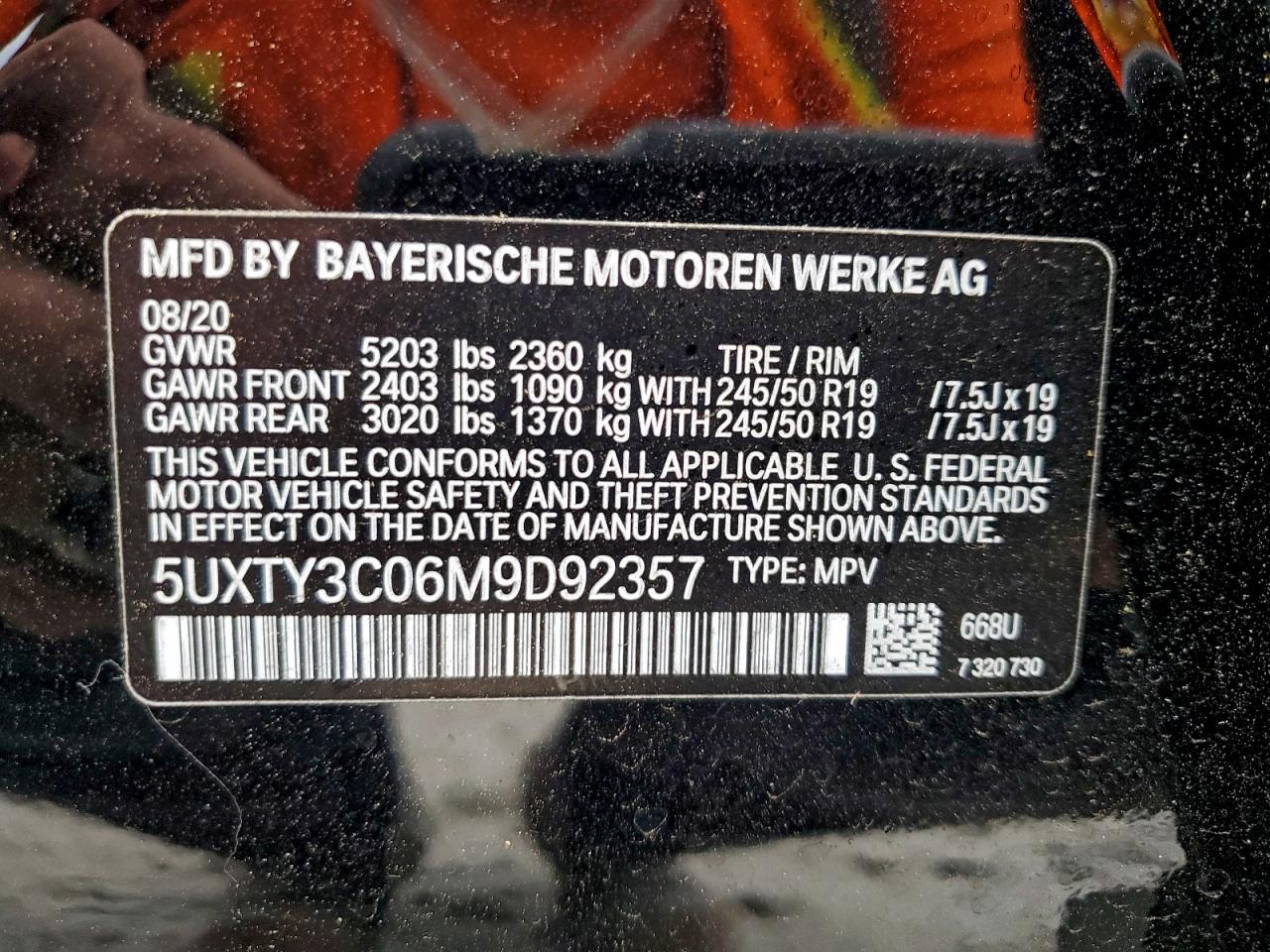 2021 BMW X3 Sdrive30I VIN: 5UXTY3C06M9D92357 Lot: 93782655