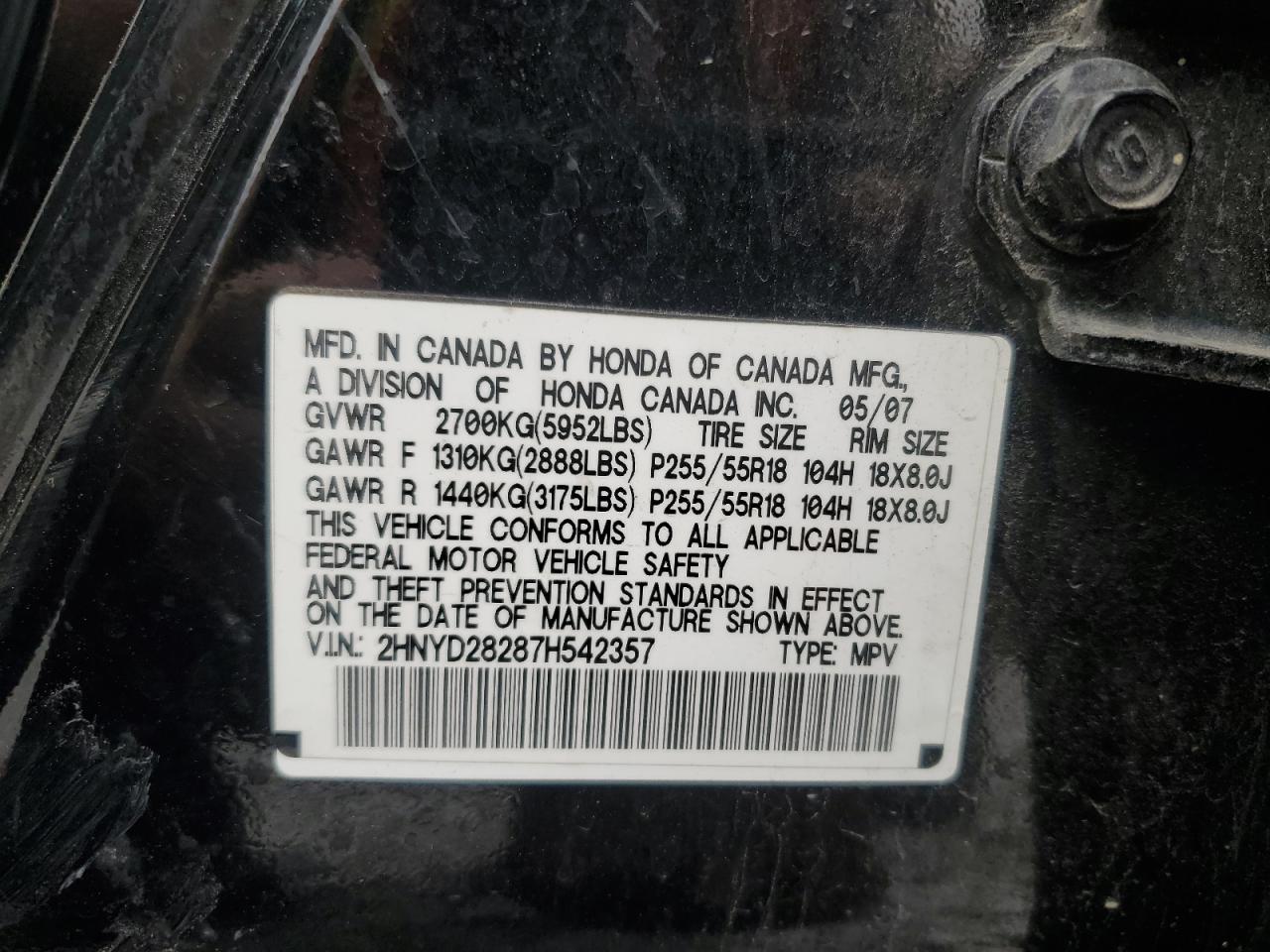 2007 Acura Mdx VIN: 2HNYD28287H542357 Lot: 90270955