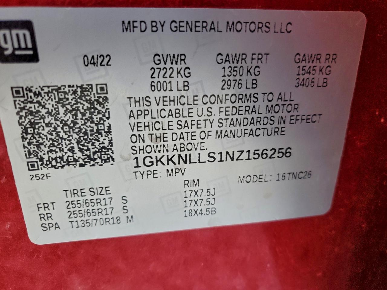 2022 GMC Acadia At4 VIN: 1GKKNLLS1NZ156256 Lot: 93305625