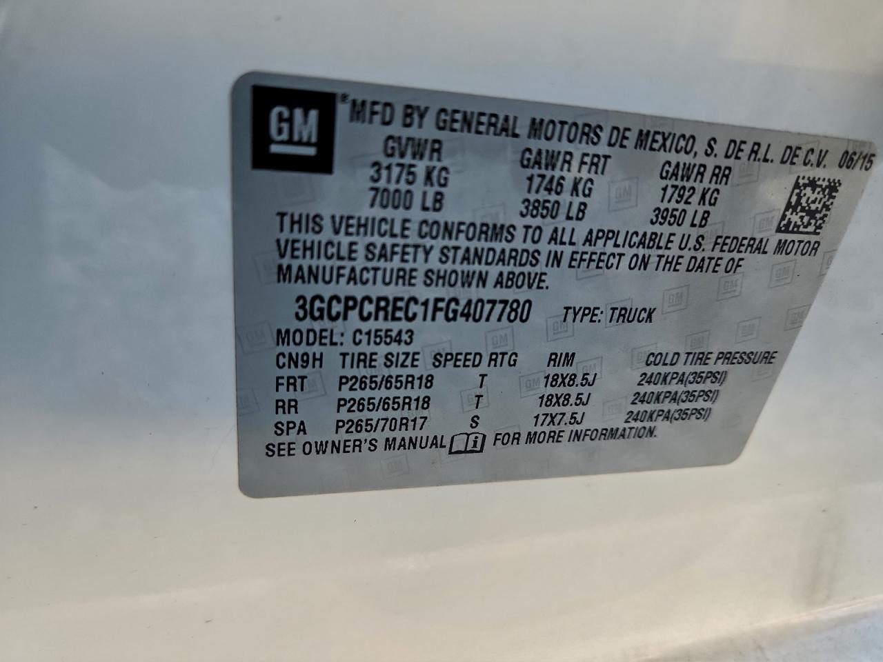 2015 Chevrolet Silverado C1500 Lt VIN: 3GCPCREC1FG407780 Lot: 94170675