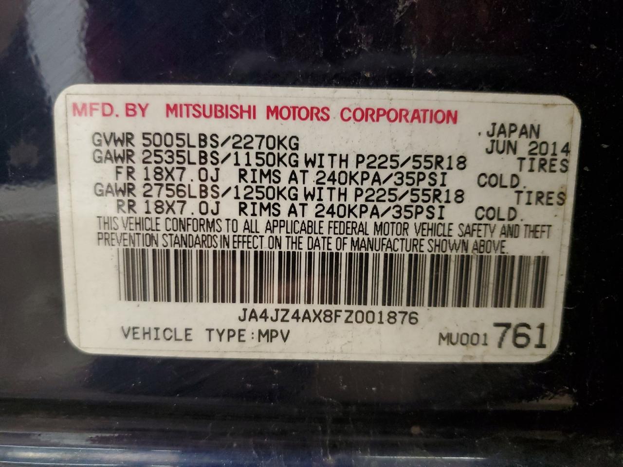 2015 Mitsubishi Outlander Gt VIN: JA4JZ4AX8FZ001876 Lot: 90894005