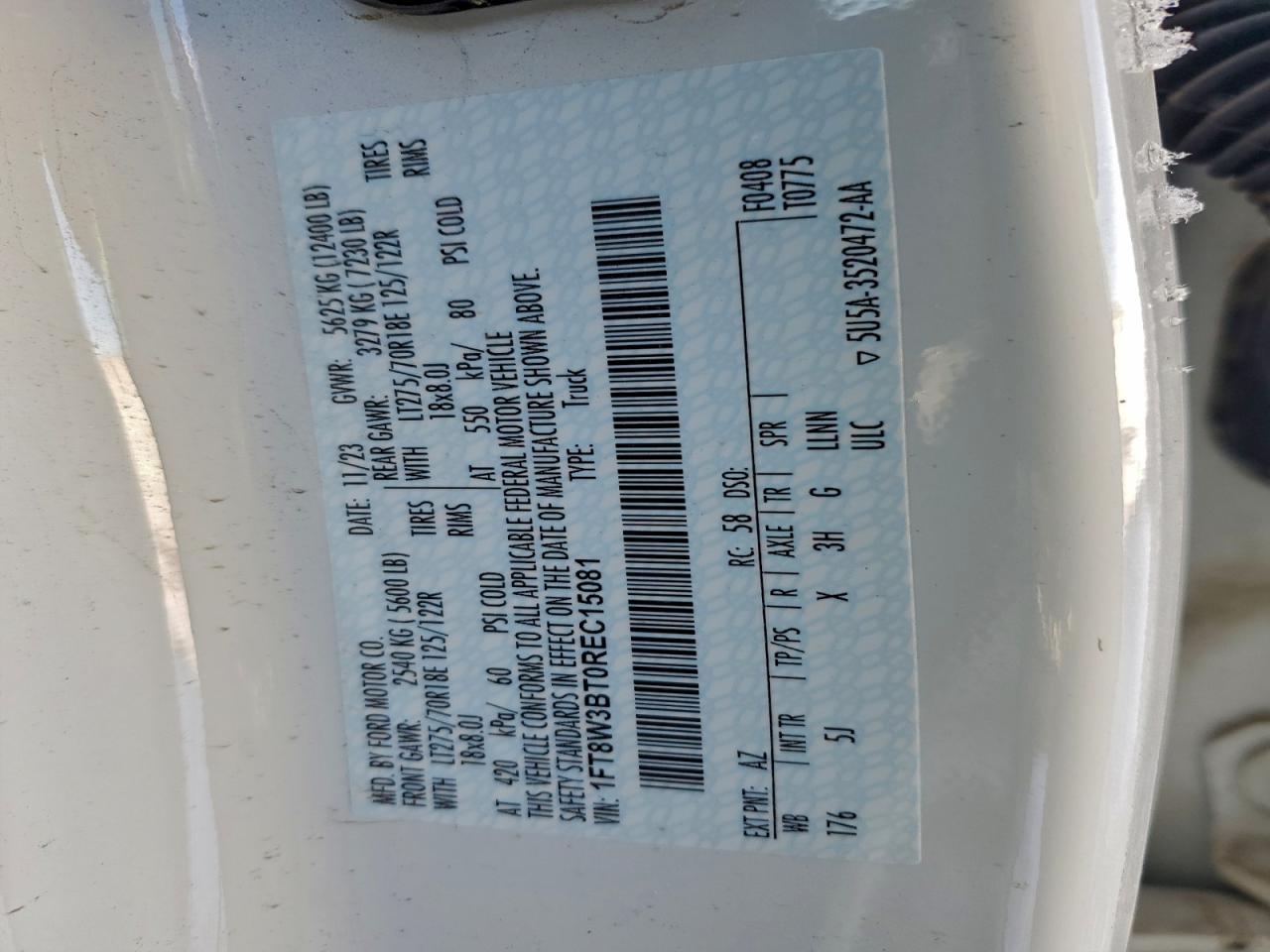 2024 Ford F350 Super Duty VIN: 1FT8W3BT0REC15081 Lot: 90370085