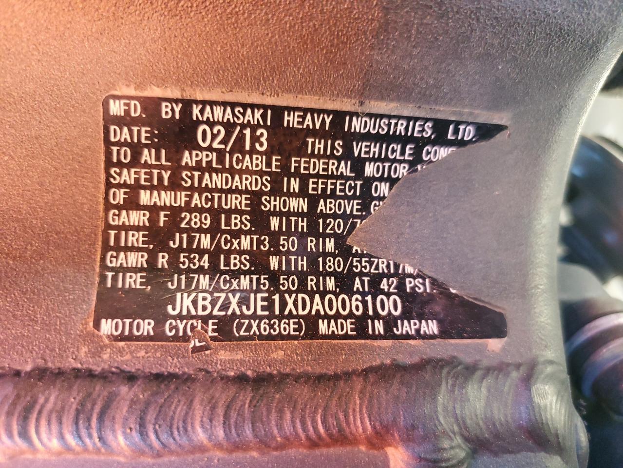 2013 Kawasaki Zx636 E VIN: JKBZXJE1XDA006100 Lot: 91261735