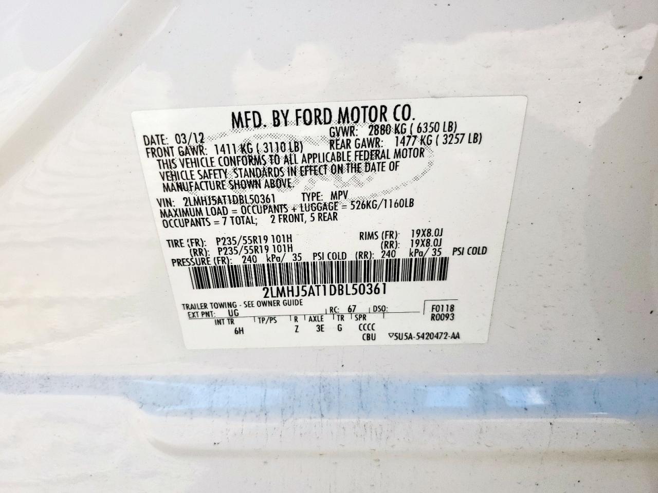 2013 Lincoln Mkt VIN: 2LMHJ5AT1DBL50361 Lot: 93518255