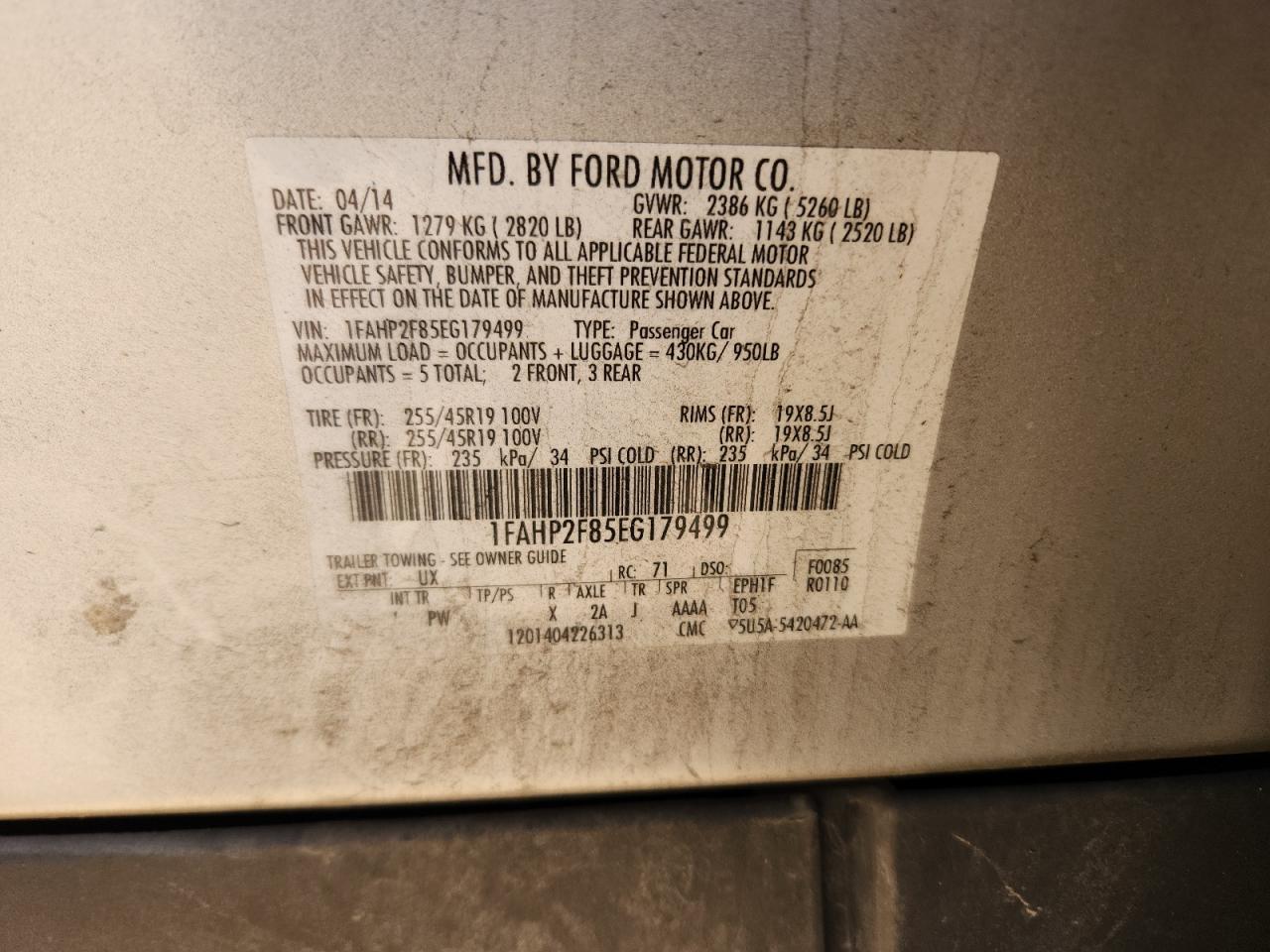 2014 Ford Taurus Limited VIN: 1FAHP2F85EG179499 Lot: 92822505