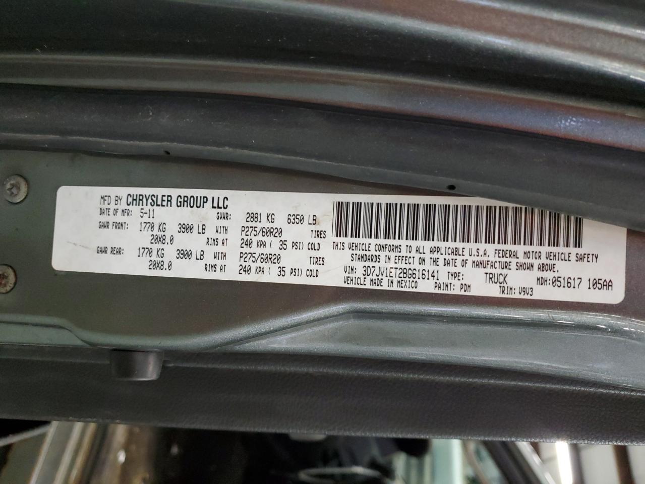 2011 Dodge Ram 1500 VIN: 3D7JV1ET2BG616141 Lot: 92473215