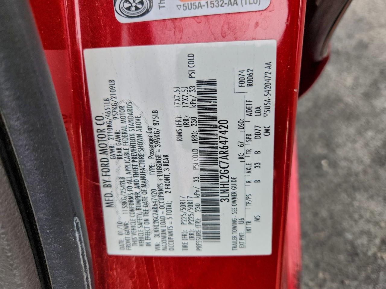 2010 Lincoln Mkz VIN: 3LNHL2GC7AR647420 Lot: 94328785