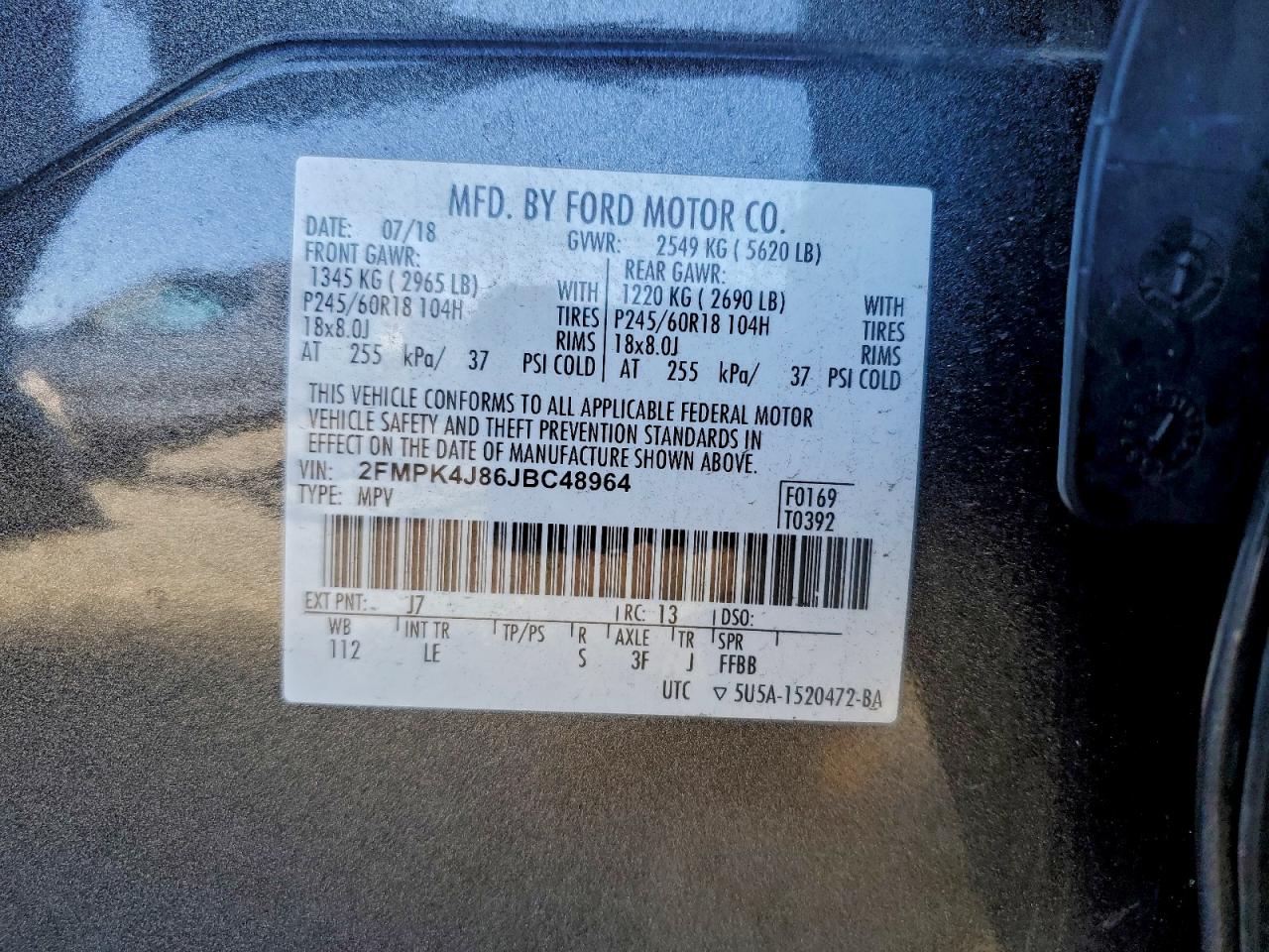 2018 Ford Edge Sel VIN: 2FMPK4J86JBC48964 Lot: 94265775