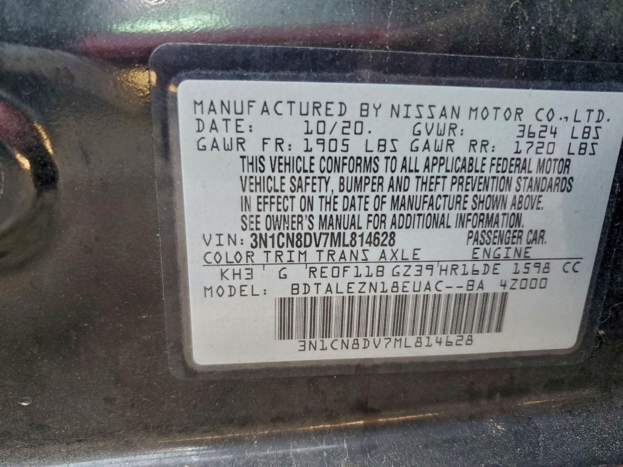 2021 Nissan Versa S VIN: 3N1CN8DV7ML814628 Lot: 93877635