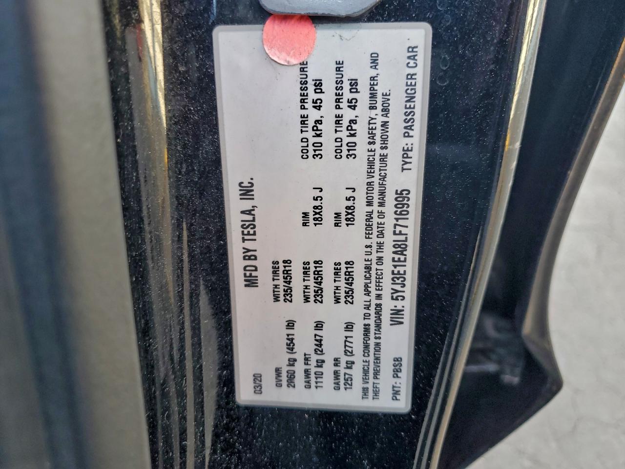 2020 Tesla Model 3 VIN: 5YJ3E1EA8LF716995 Lot: 94062365