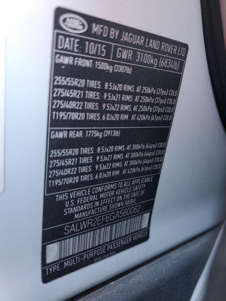 2016 Land Rover Range Rover Sport Sc VIN: SALWR2EF6GA560062 Lot: 92808585