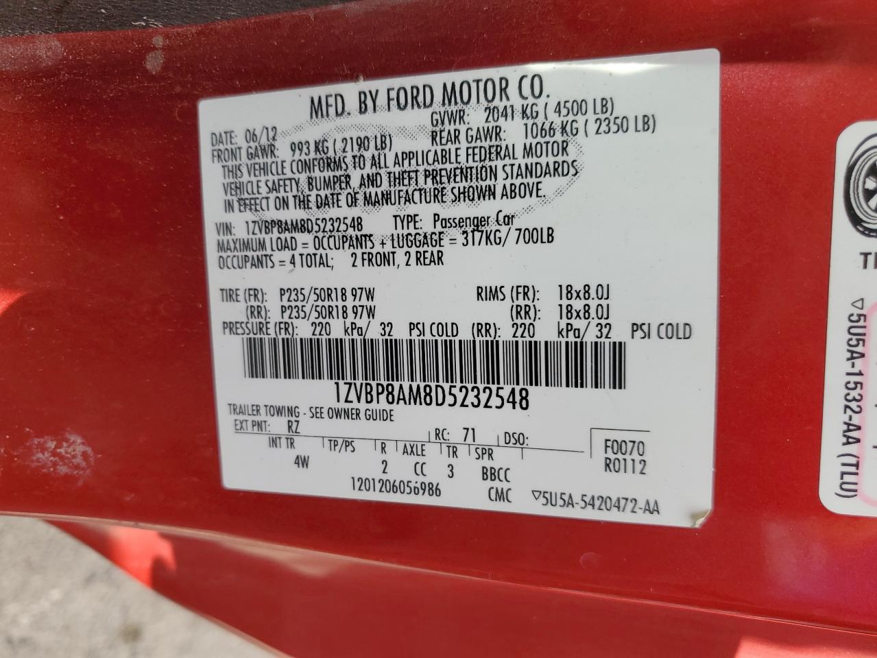 2013 Ford Mustang VIN: 1ZVBP8AM8D5232548 Lot: 92200375