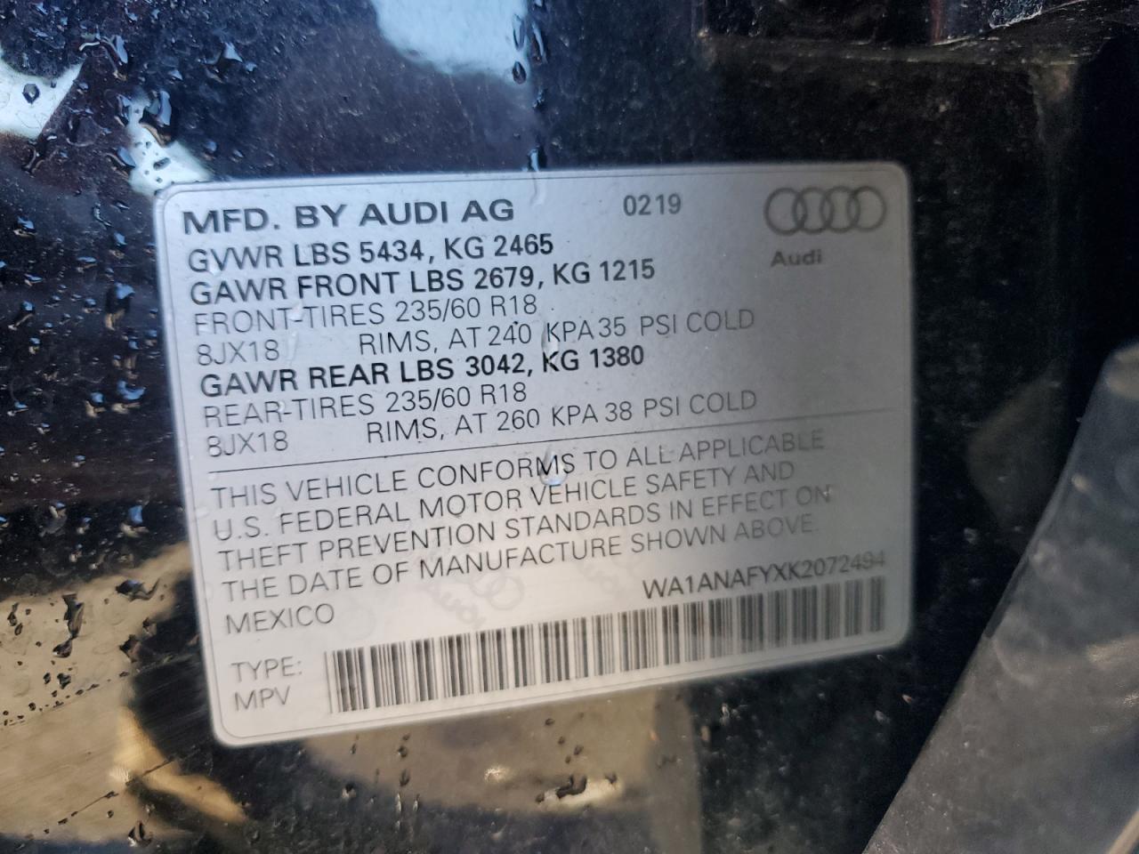2019 Audi Q5 Premium VIN: WA1ANAFYXK2072494 Lot: 92346685