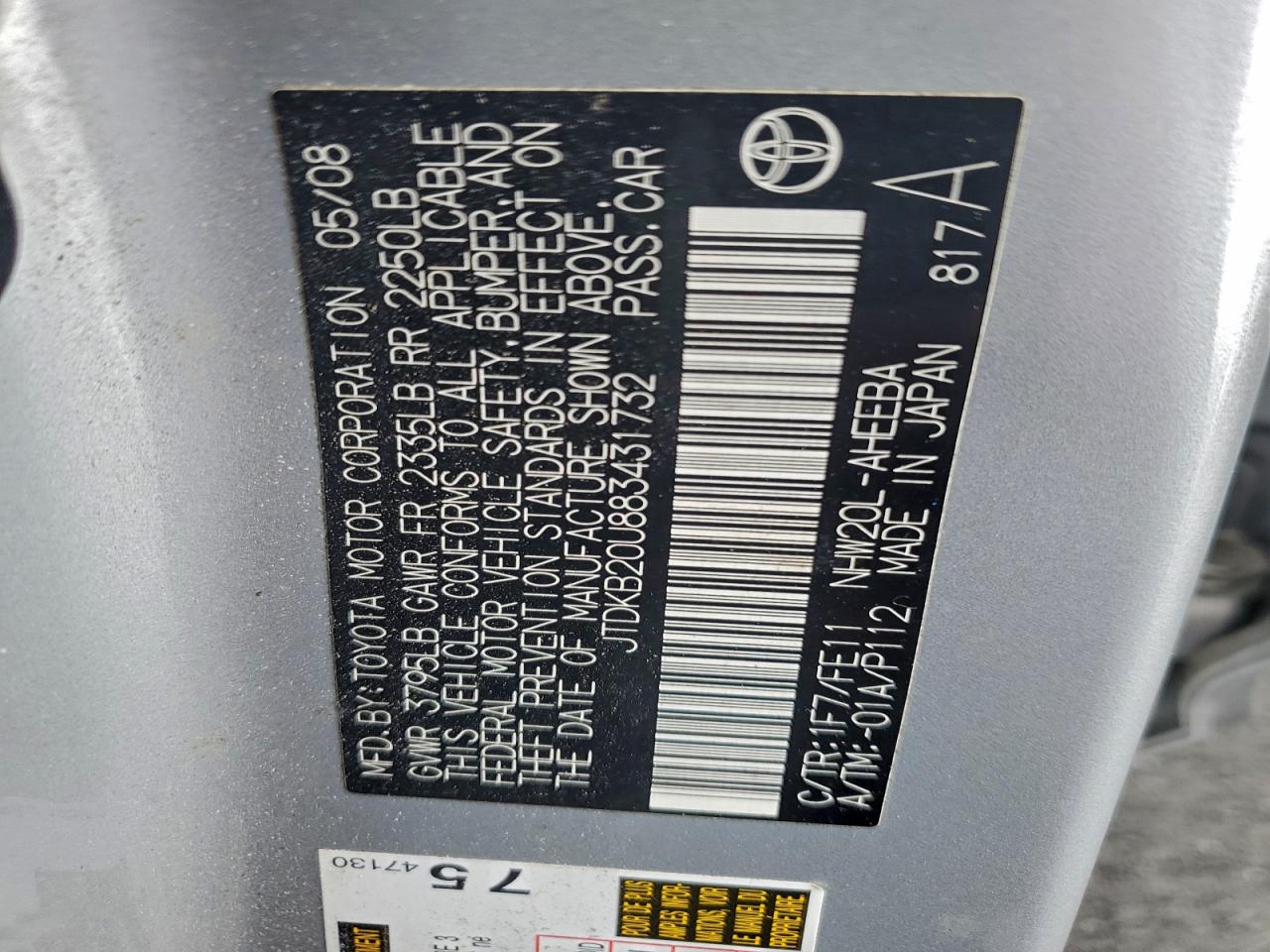 2008 Toyota Prius VIN: JTDKB20U883431732 Lot: 93679245