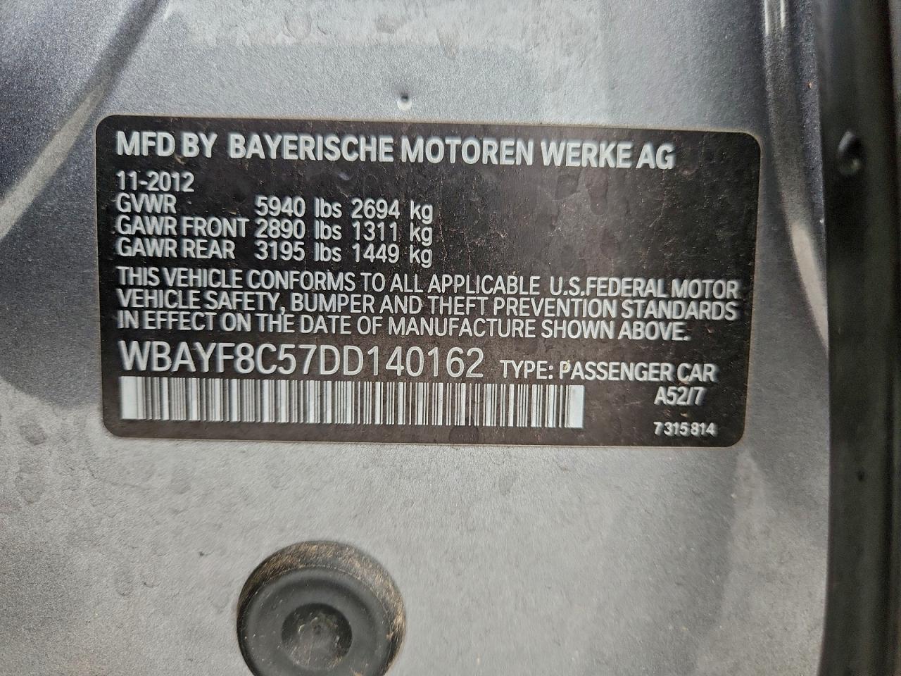 2013 BMW 750 Lxi VIN: WBAYF8C57DD140162 Lot: 94156605