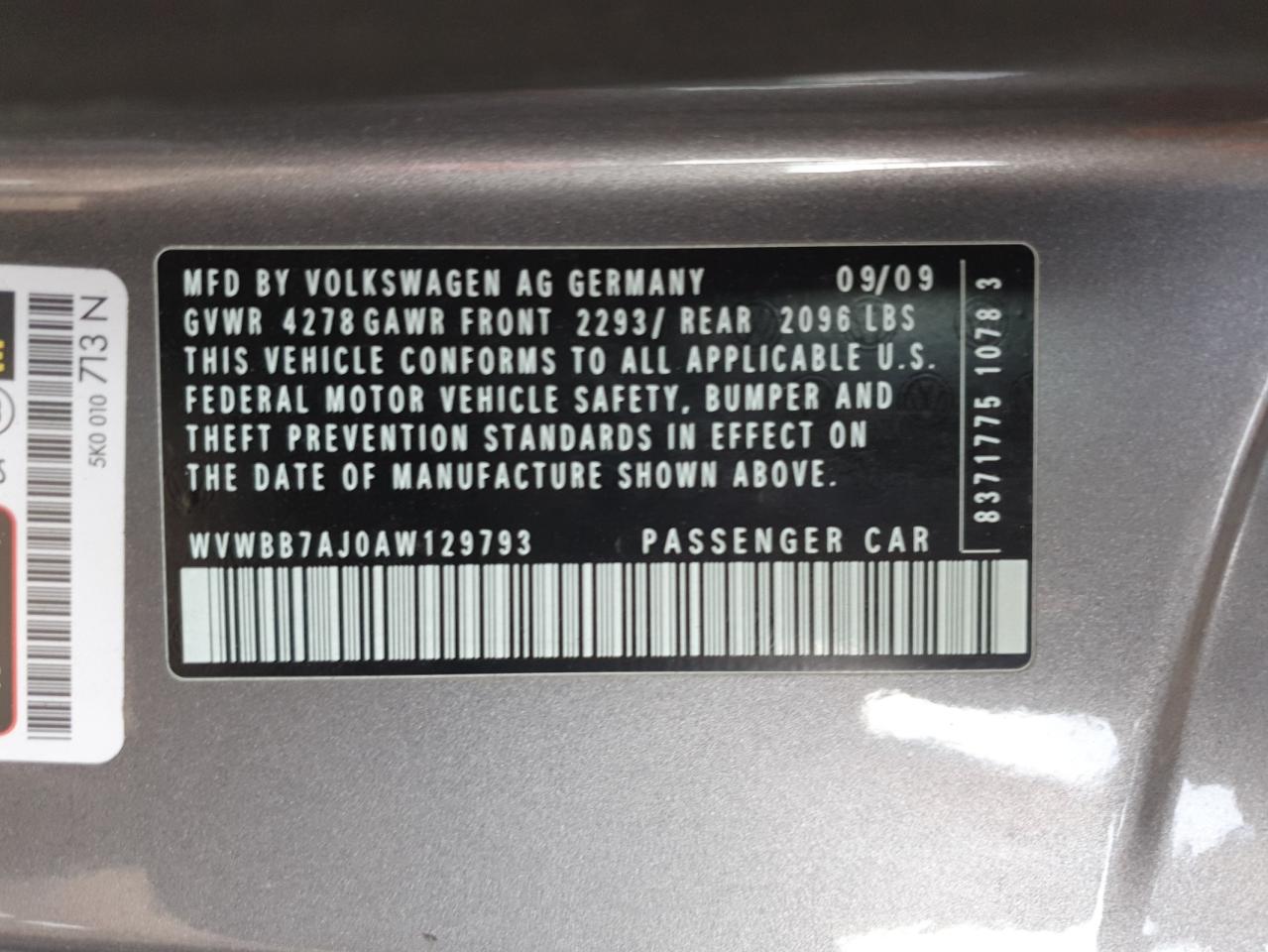 2010 Volkswagen Golf VIN: WVWBB7AJ0AW129793 Lot: 91236215