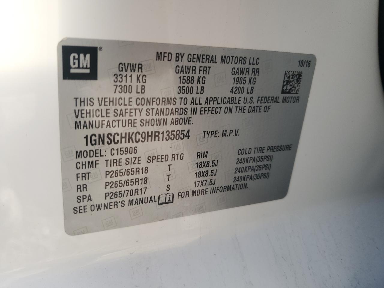 2017 Chevrolet Suburban C1500 Lt VIN: 1GNSCHKC9HR135854 Lot: 91836255