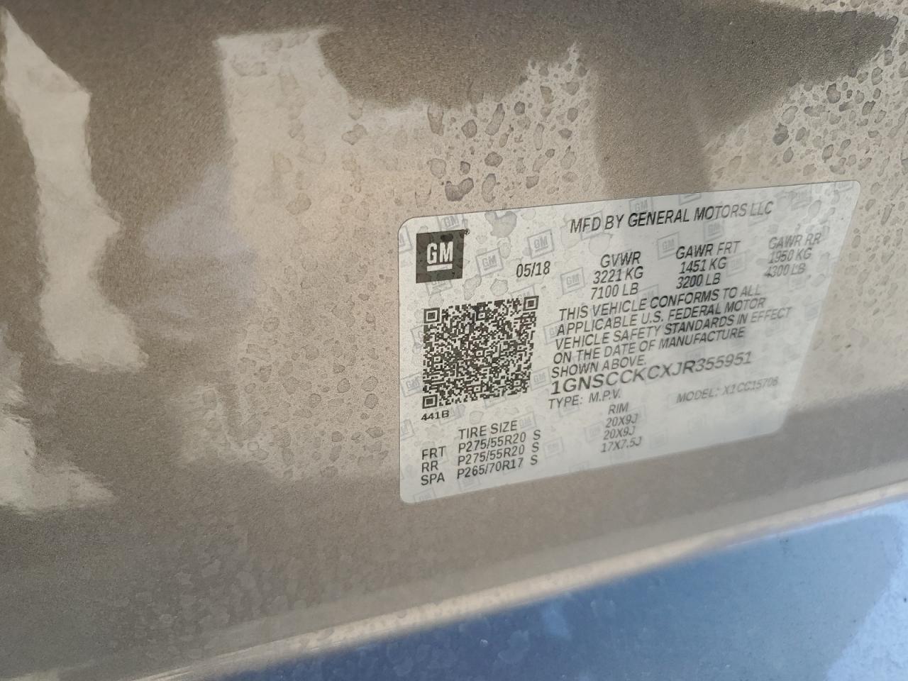 2018 Chevrolet Tahoe C1500 Premier VIN: 1GNSCCKCXJR355951 Lot: 92992115