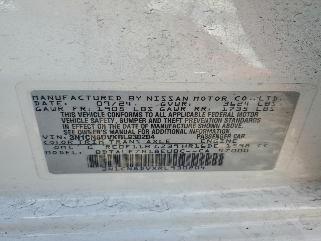 2024 Nissan Versa S VIN: 3N1CN8DVXRL930204 Lot: 94068025