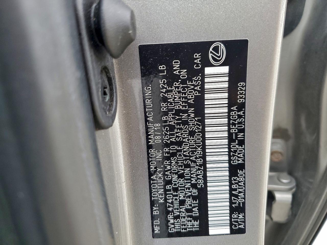 2019 Lexus Es 350 VIN: 58ABZ1B19KU001271 Lot: 93286755