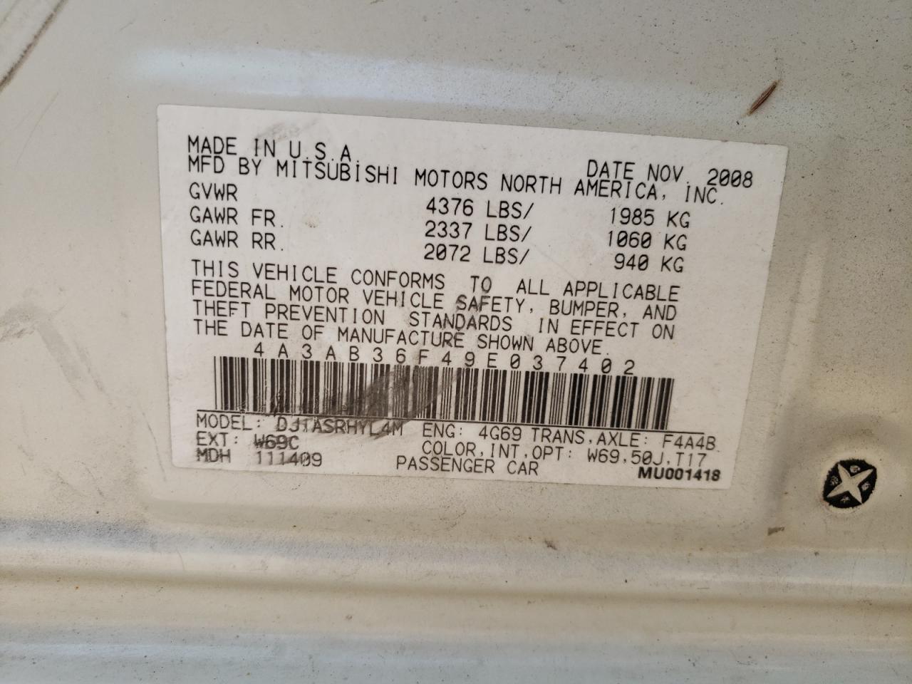 2009 Mitsubishi Galant Es VIN: 4A3AB36F49E037402 Lot: 92283985