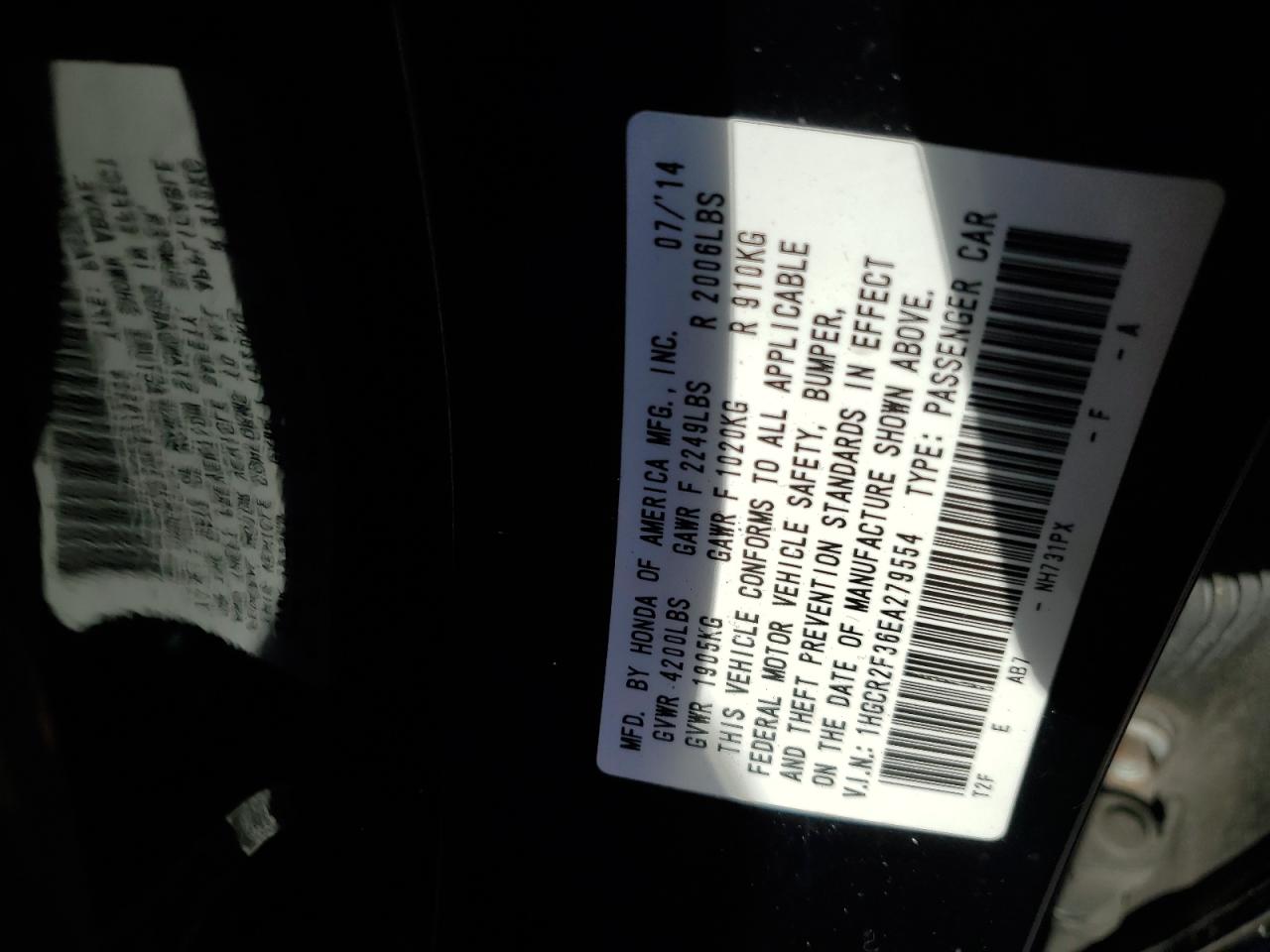 2014 Honda Accord Lx VIN: 1HGCR2F36EA279554 Lot: 93552505