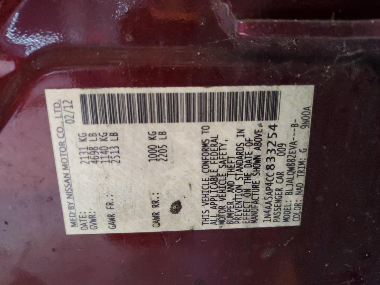 2012 Nissan Maxima S VIN: 1N4AA5AP4CC833254 Lot: 91718225