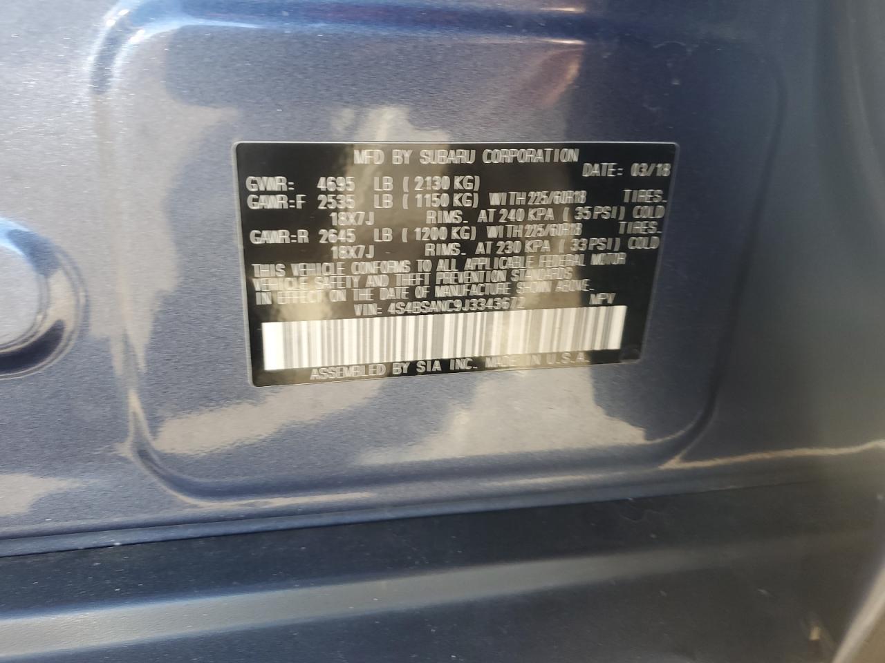 2018 Subaru Outback 2.5I Limited VIN: 4S4BSANC9J3343672 Lot: 93374075