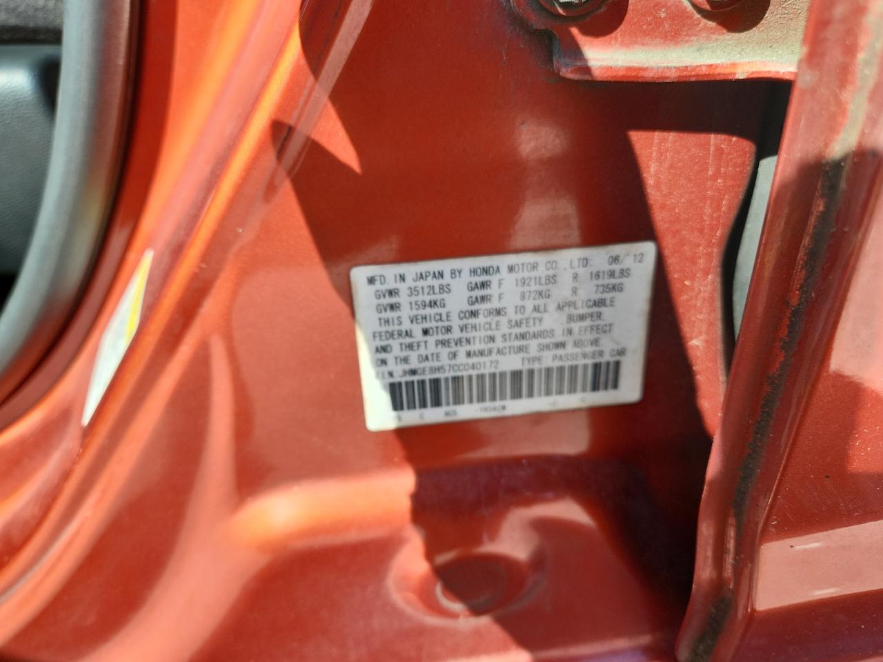 2012 Honda Fit Sport VIN: JHMGE8H57CC040172 Lot: 91040925