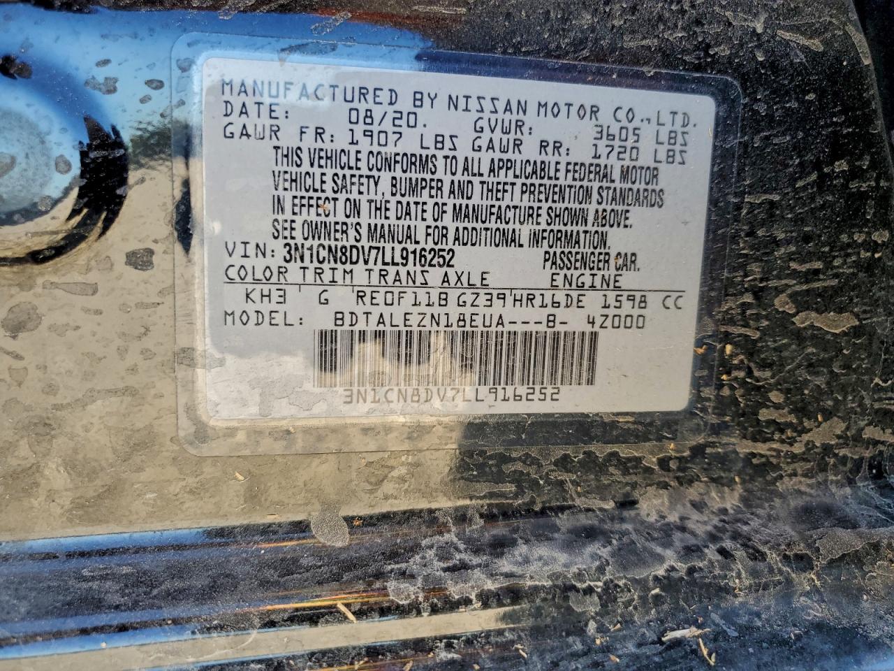 2020 Nissan Versa S VIN: 3N1CN8DV7LL916252 Lot: 94148545