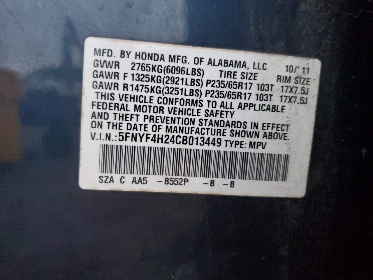 2012 Honda Pilot Lx VIN: 5FNYF4H24CB013449 Lot: 93396155