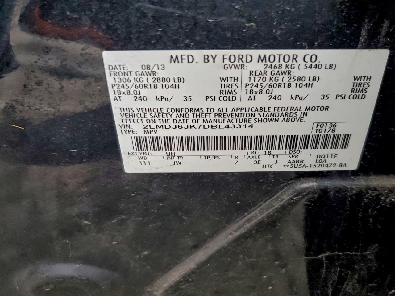 2013 Lincoln Mkx VIN: 2LMDJ6JK7DBL43314 Lot: 93617985