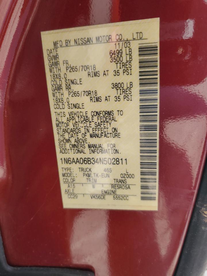 2004 Nissan Titan Xe VIN: 1N6AA06B34N502811 Lot: 93542875
