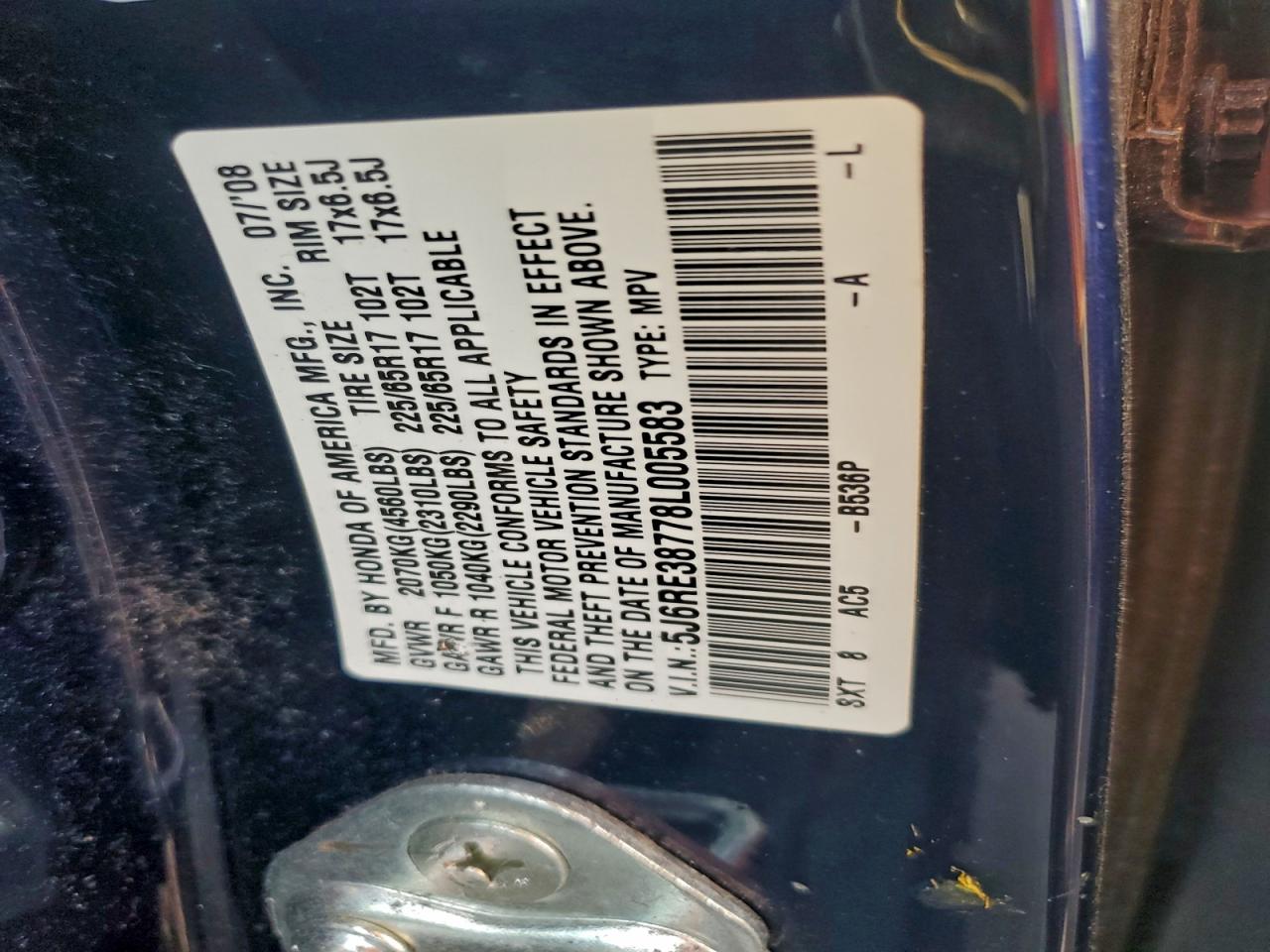 2008 Honda Cr-V Exl VIN: 5J6RE38778L005583 Lot: 93711315