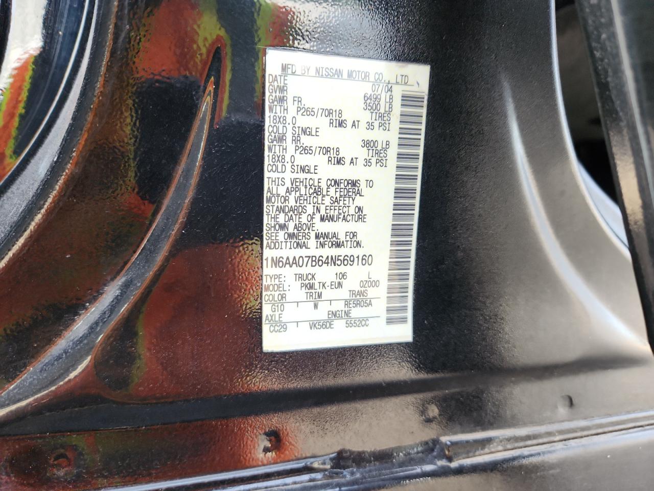 2004 Nissan Titan Xe VIN: 1N6AA07B64N569160 Lot: 91390075