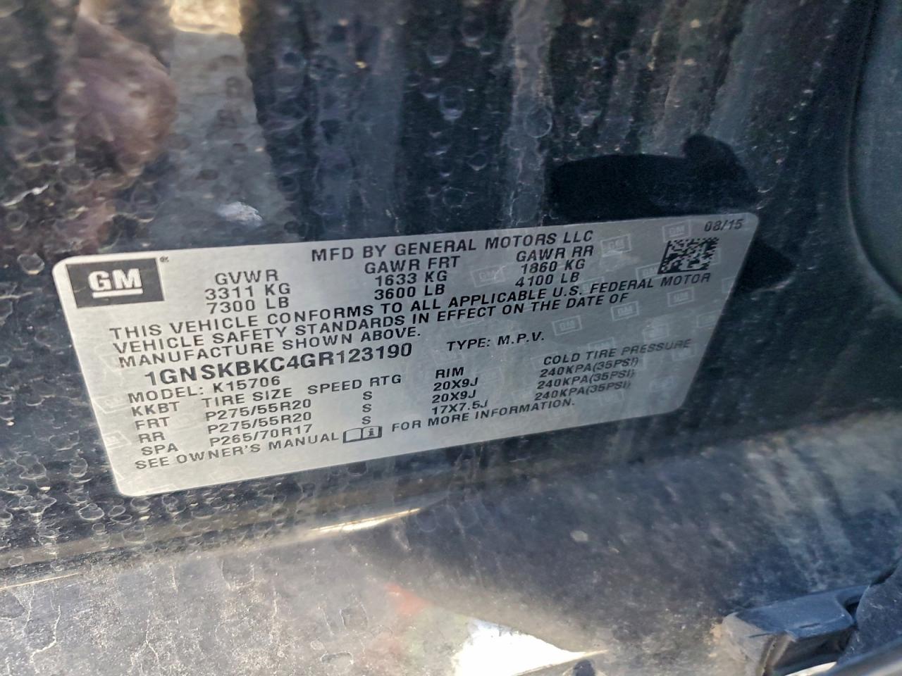 2016 Chevrolet Tahoe K1500 Lt VIN: 1GNSKBKC4GR123190 Lot: 94148815